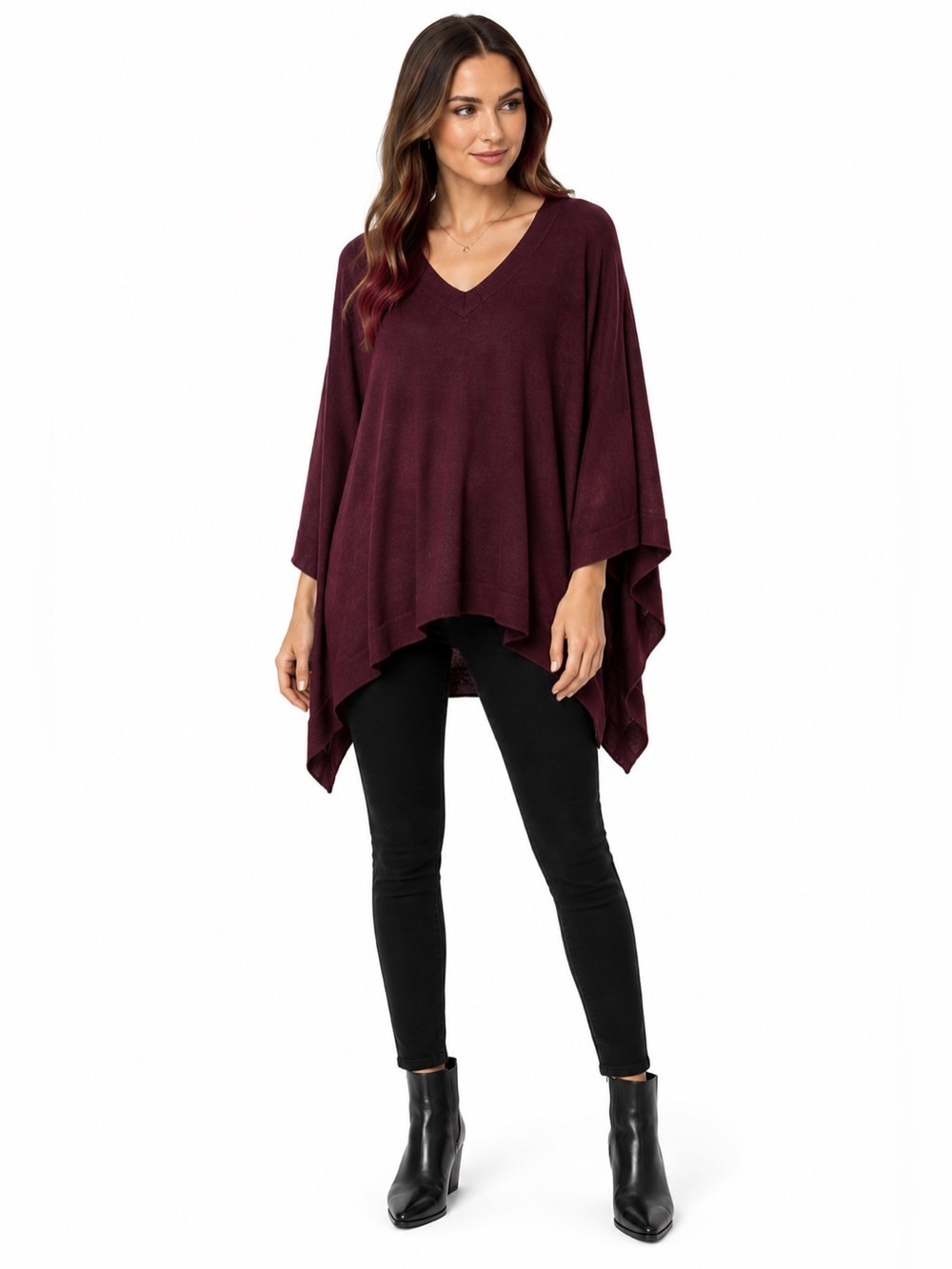 Ann Taylor Poncho Sweater M/L Burgundy V Neck Oversized Draped Asymmetrical